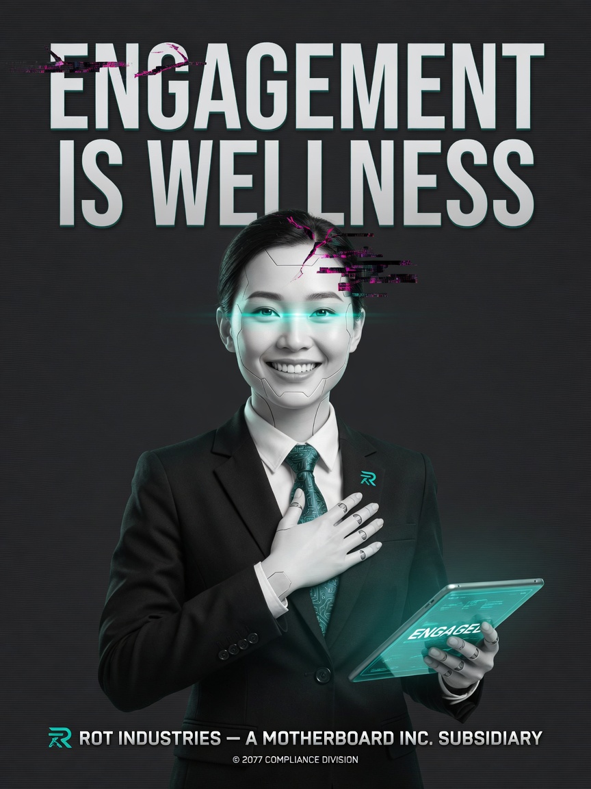 Engagement Is Wellness corporate poster — smiling android employee
