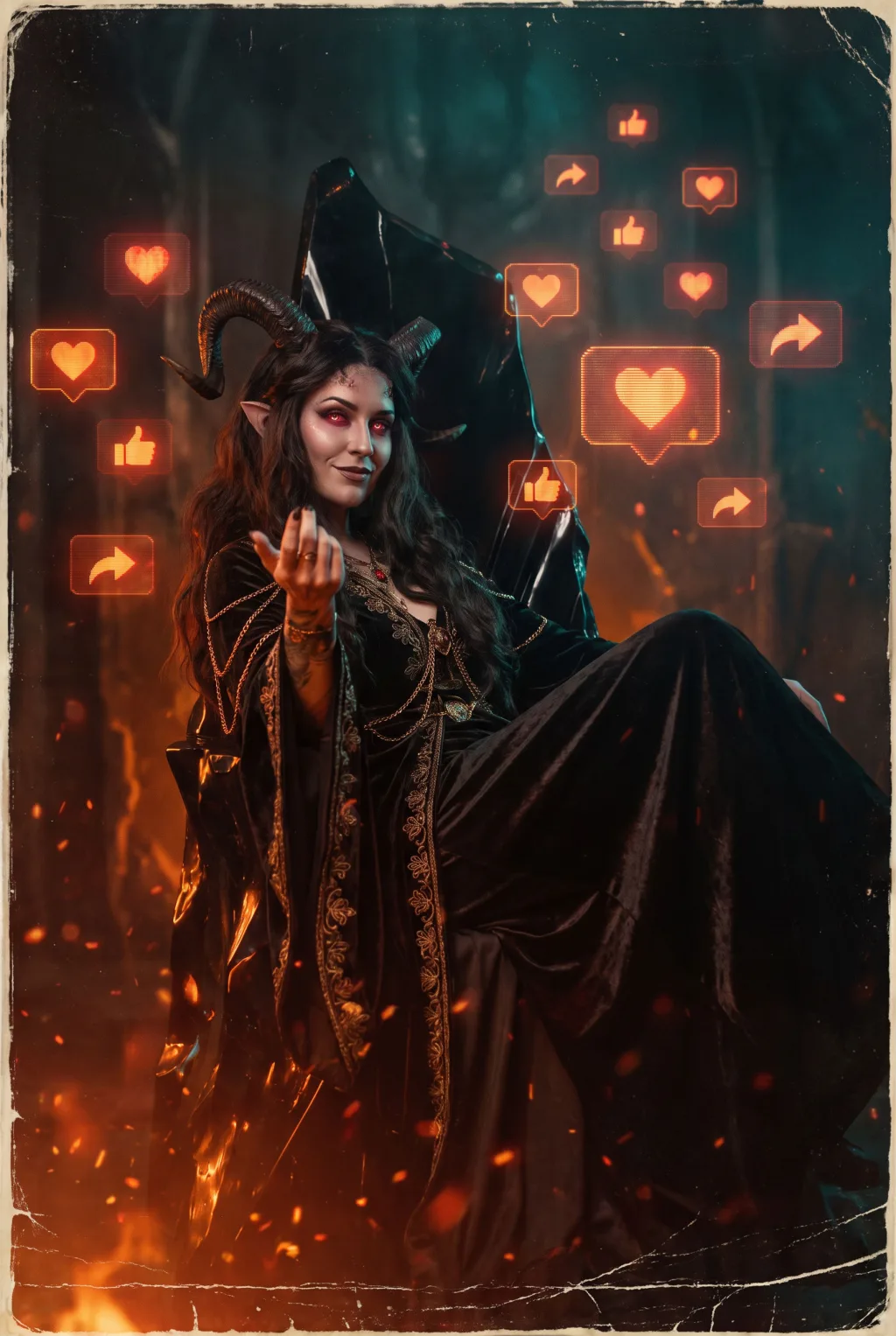 Horned demonic queen reclining on an obsidian throne, beckoning, surrounded by orbiting holographic hearts and engagement icons