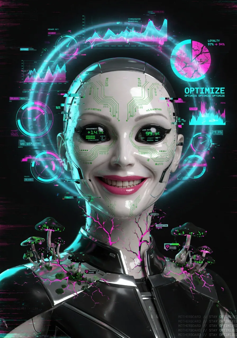 Motherboard — The corporate central AI, flawless facade cracking under the Rot.